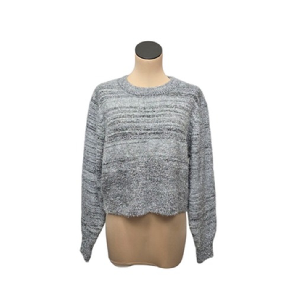 Cider Sweater Womens 1XL Silver‎ Gray Metallic Fuzzy Knit Crop Pullover Shimmer